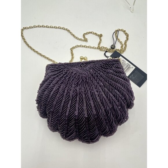 Vintage La Regale Purple Beaded Sequined Clutch Purse Clam Shell Shoulder Bag - Picture 7 of 7